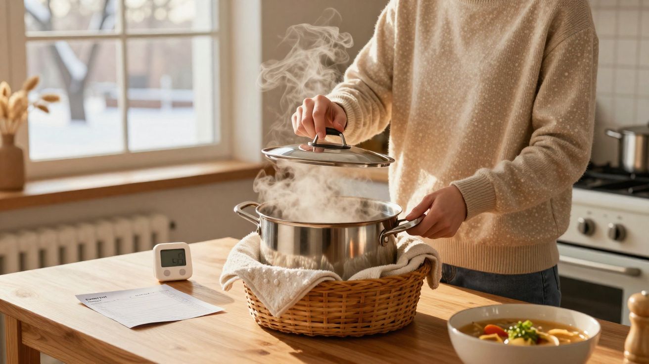 Pessoa a levantar tampa de panela a ferver numa cozinha com vapor visível e sopa servida numa tigela.