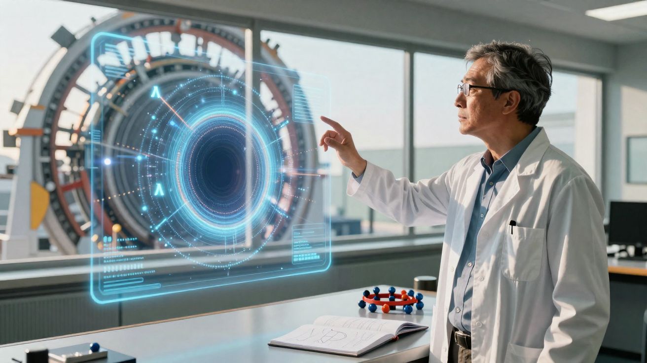 Cientista em laboratório interage com holograma digital futurista próximo a máquina tecnológica avançada.
