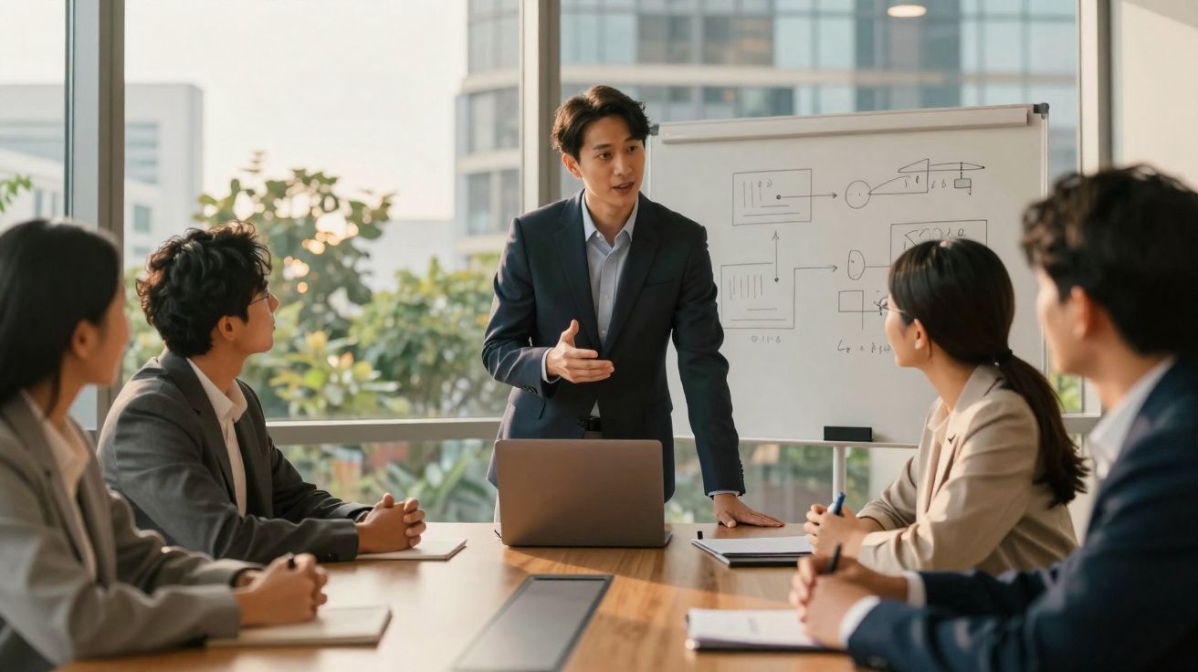 Homem de negócios a apresentar projeto a equipa numa sala de reunião com quadro branco e computadores portáteis.
