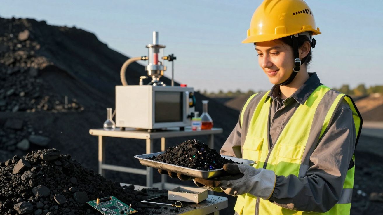 Engenheira com capacete e colete reflector analisa amostra de carvão numa mina ao ar livre.