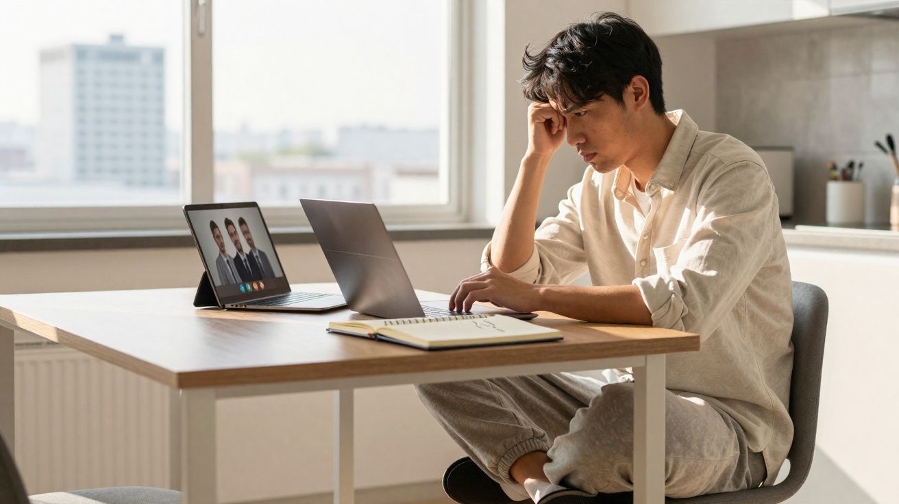 Homem sentado numa mesa a trabalhar no computador com conferência virtual numa sala iluminada.
