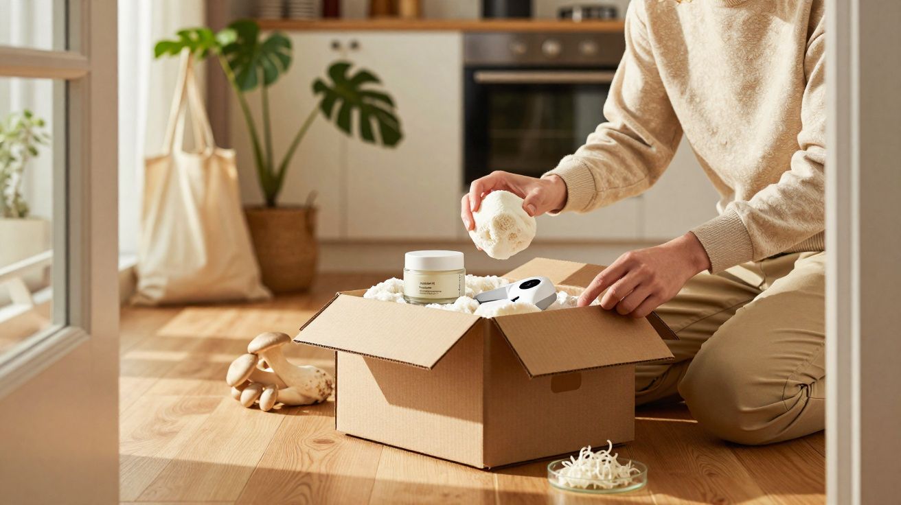 Pessoa a desembrulhar produtos de cuidado pessoal de uma caixa de cartão numa cozinha iluminada.