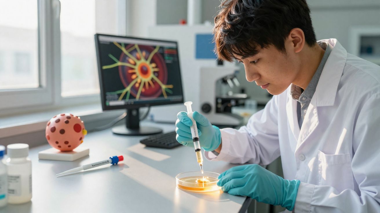 Cientista jovem com bata branca e luvas a trabalhar com pipeta e placa de Petri num laboratório.