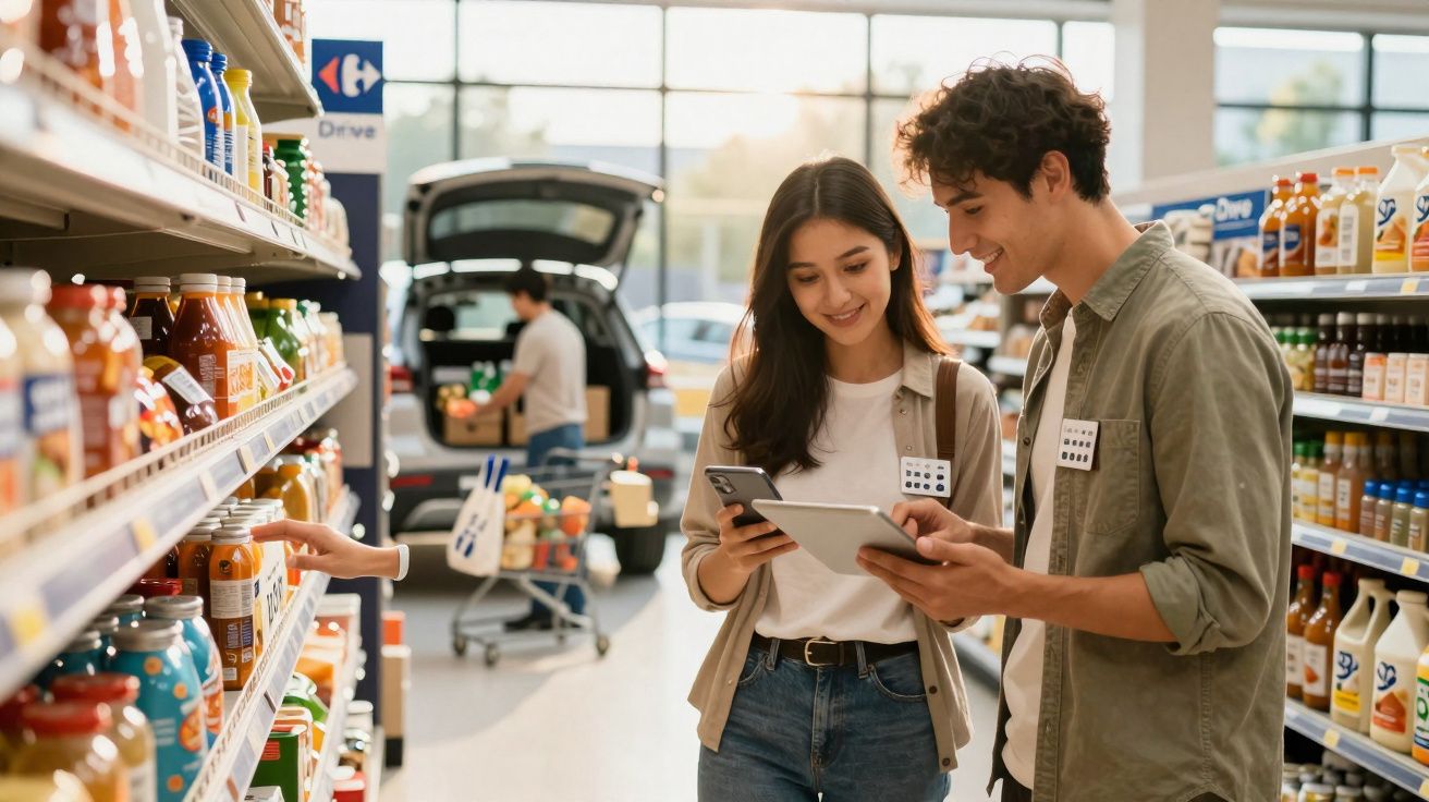 Dois jovens a consultar tablet e telemóvel num supermercado, com homem a carregar carro ao fundo.