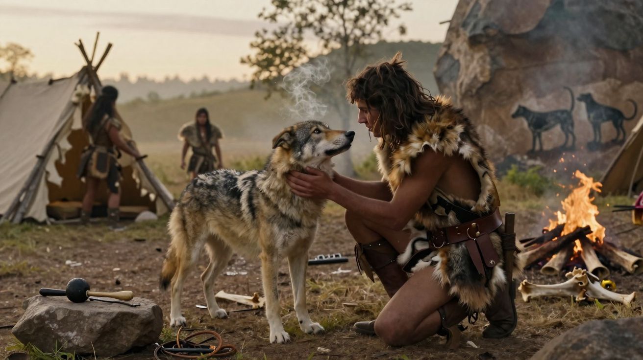 Homem pré-histórico ajoelhado junto a um lobo, acampamento com tendas e fogo ao fundo ao entardecer.