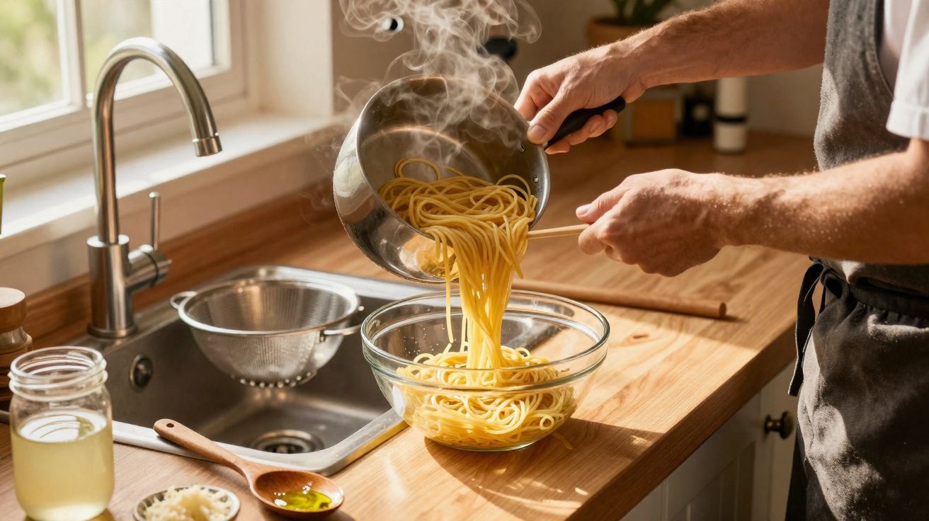 Pessoa a escorrer esparguete quente para uma taça de vidro numa cozinha iluminada.