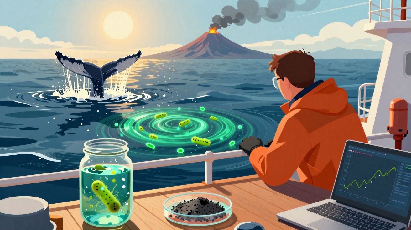 Investigador no barco observa microrganismos no mar, com baleia e vulcão em erupção ao longe ao pôr do sol.