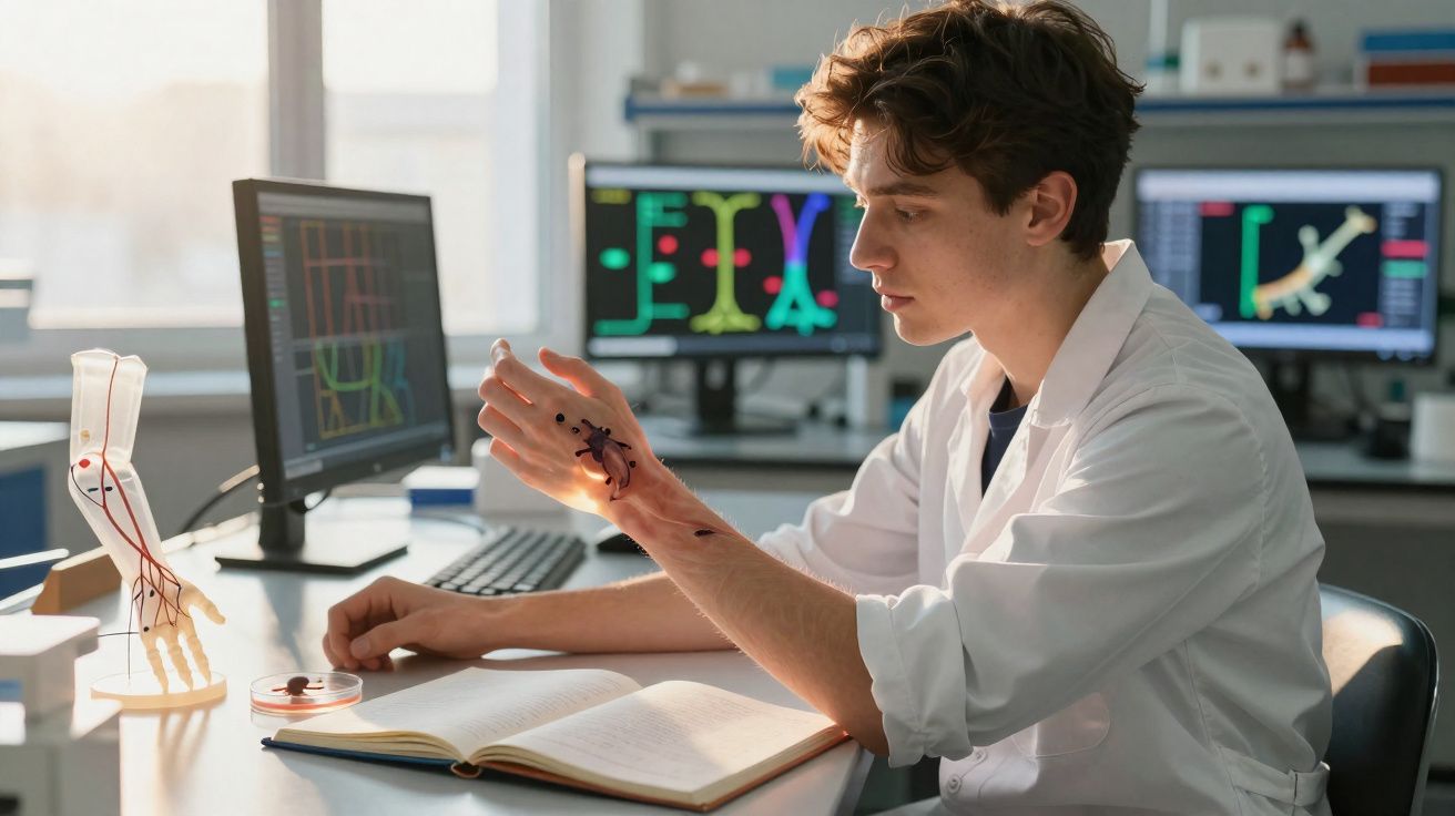 Jovem cientista com bata branca analisa modelo de mão com circuito elétrico desenhado no braço.