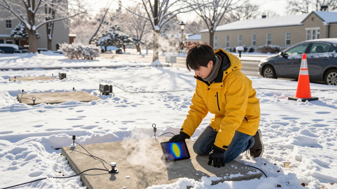 Pessoa com casaco amarelo usa equipamento para medir temperatura no chão coberto de neve numa área urbana.