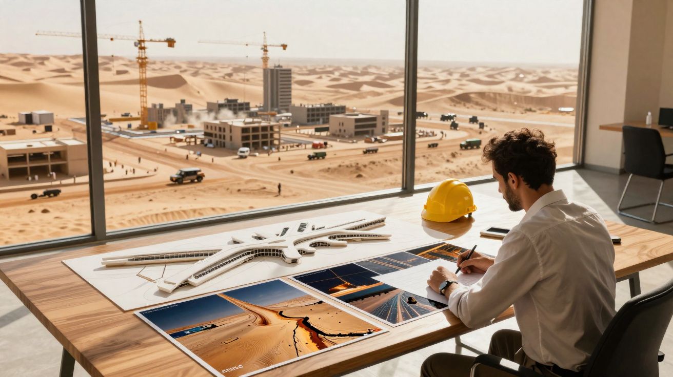 Engenheiro a trabalhar em escritório com maquete e fotos de projeto de construção no deserto à vista.