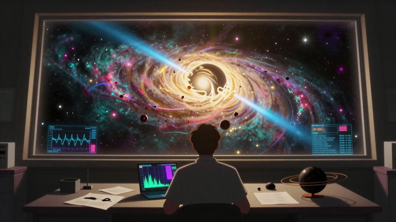 Pessoa a observar uma simulação digital de buraco negro com galáxia e dados científicos numa sala escura.