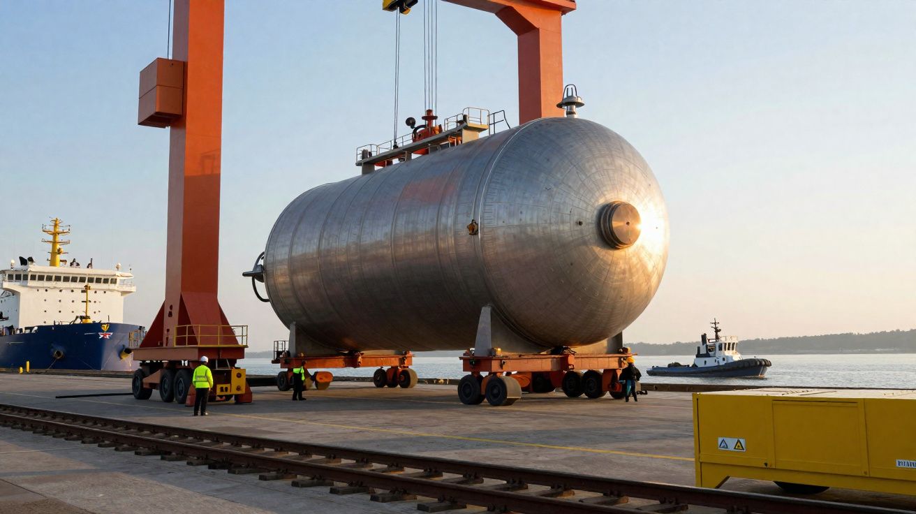 Tanque cilíndrico metálico sendo transportado por guindaste em cais com trabalhadores e navio ao fundo.