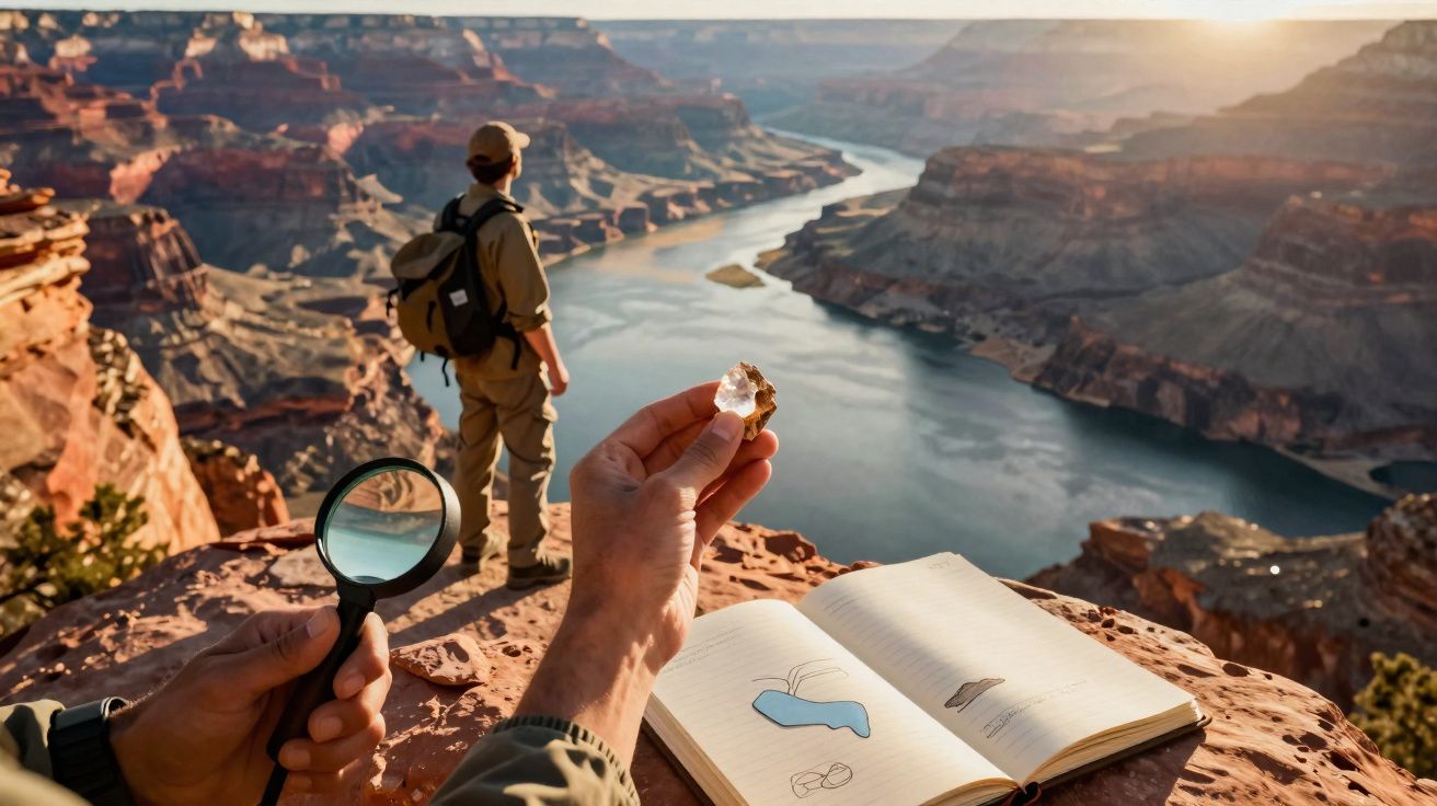 Pessoa observa cristal com lupa ao pôr do sol no Grand Canyon, enquanto outra pessoa contempla o rio Colorado.