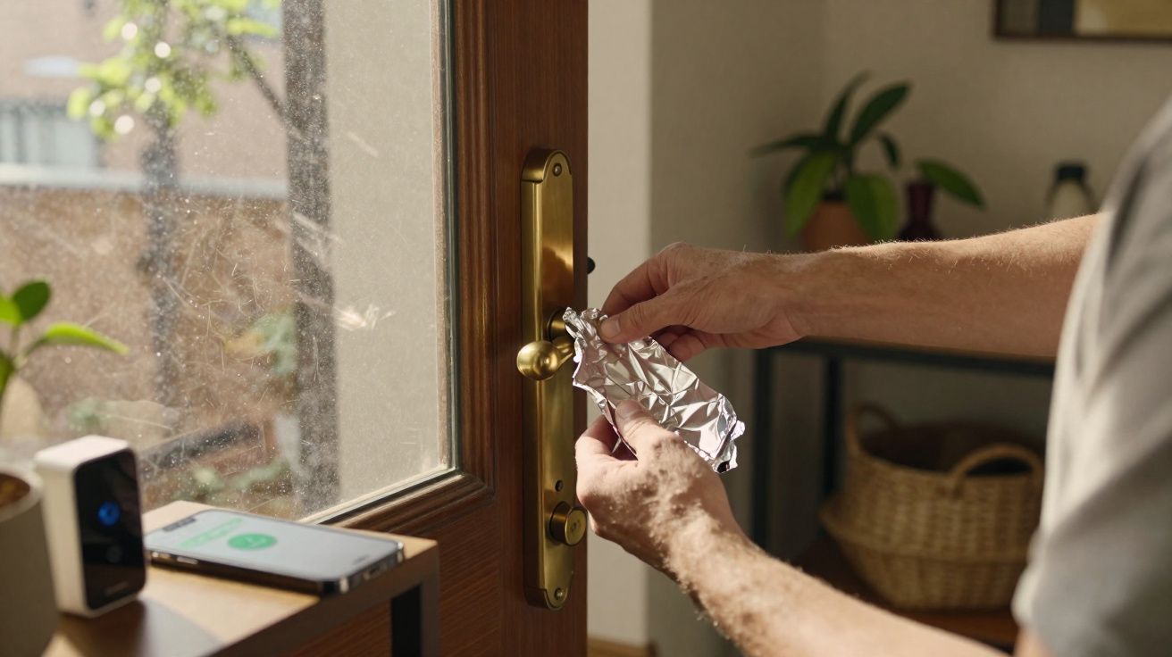 Pessoa a limpar a maçaneta da porta de vidro com um pano improvisado de alumínio.
