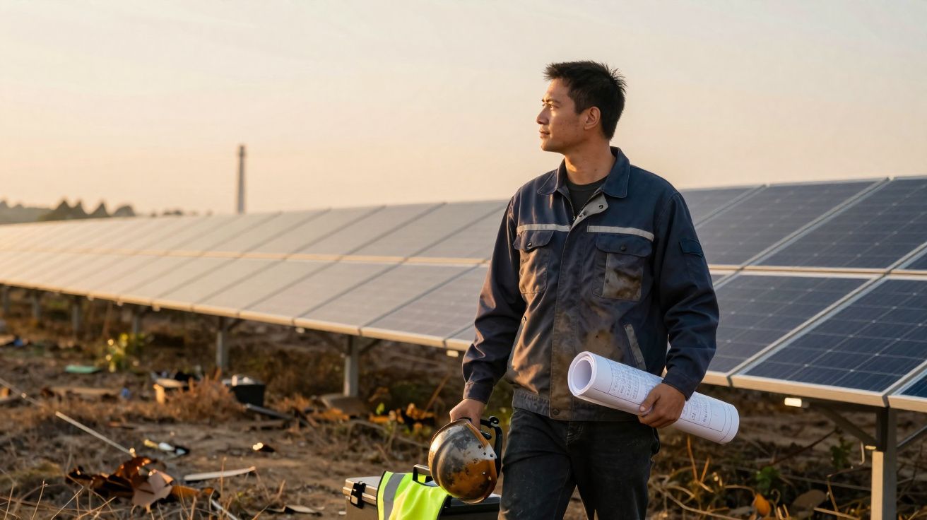 Homem com roupa de trabalho segura capacete e plantas junto a painéis solares ao pôr do sol.