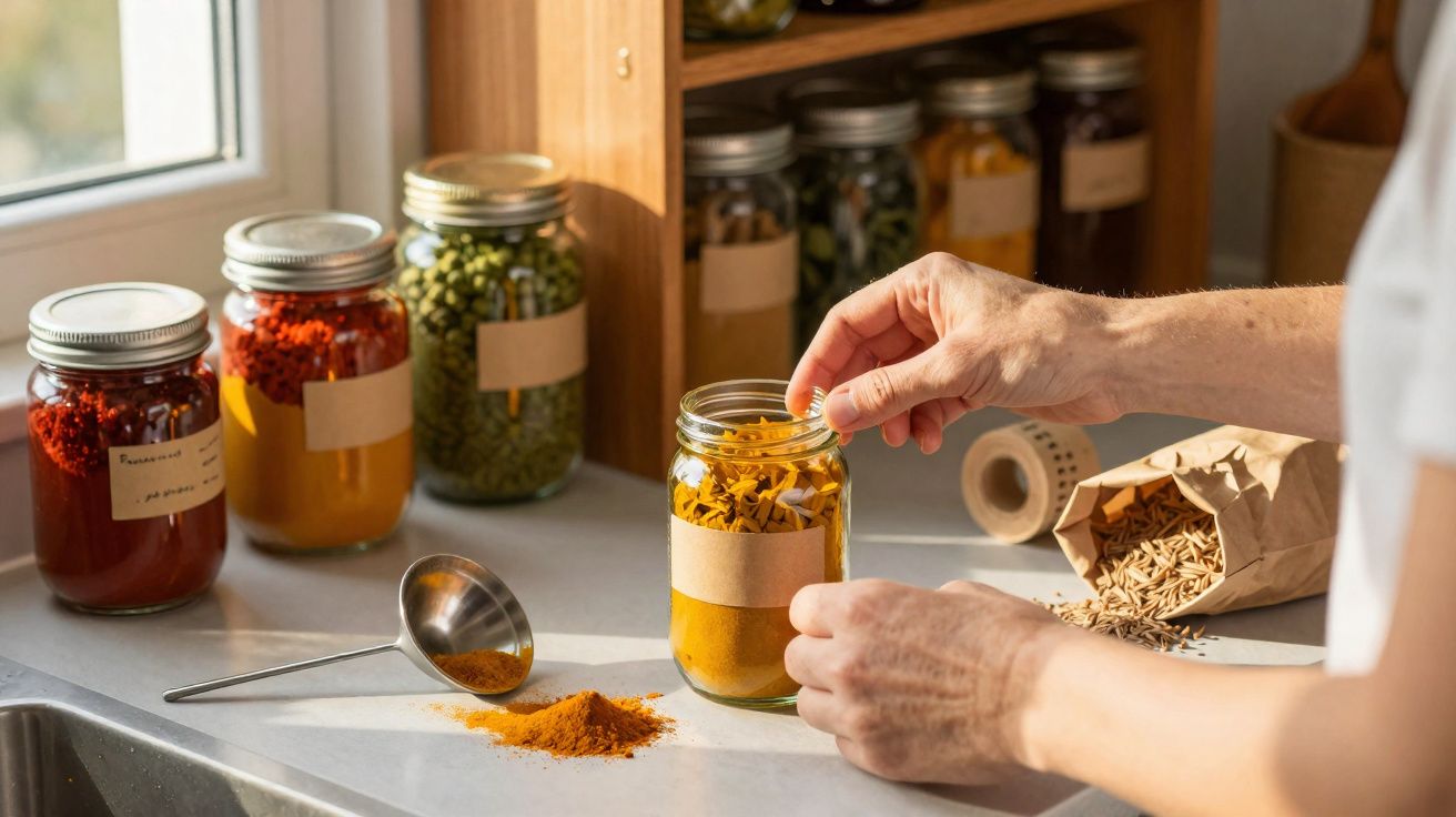 Mãos a guardar especiarias em frascos de vidro com etiquetas numa cozinha iluminada.