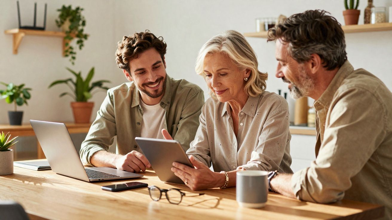 Três adultos sentados à mesa a usar tablet e laptop num ambiente acolhedor e moderno.