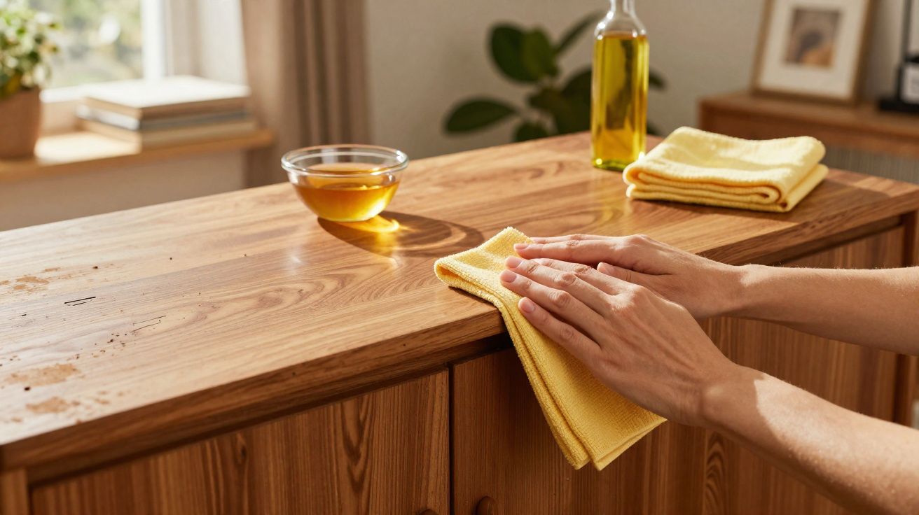 Mãos a limpar uma bancada de madeira com um pano amarelo, com óleo e mel ao fundo.