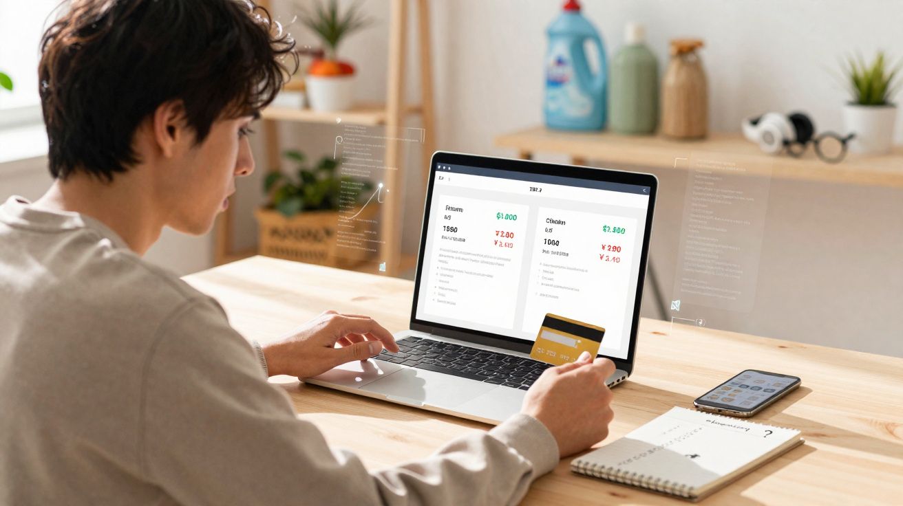 Jovem a fazer compras online com cartão de crédito, computador portátil e smartphone numa mesa de madeira.
