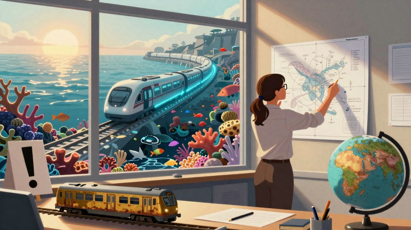 Mulher a desenhar rota num mapa, com comboio futurista e recife de coral visíveis pela janela.