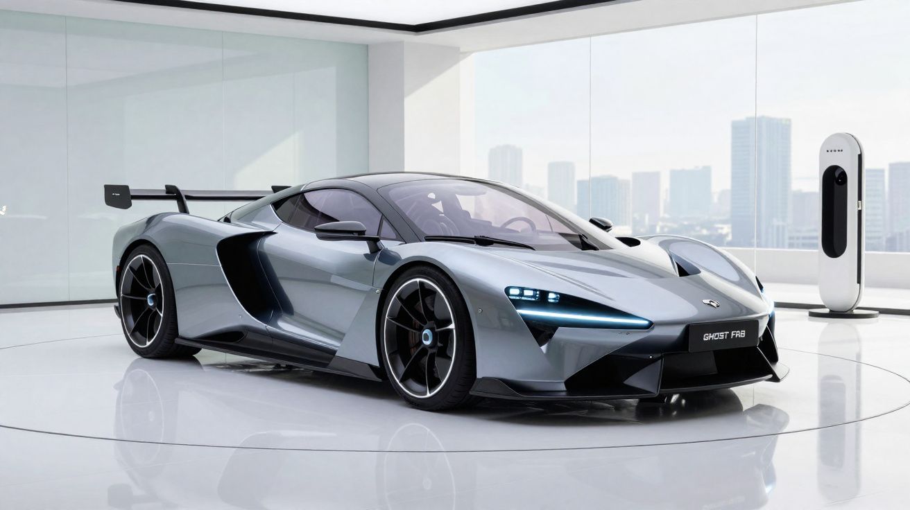 Carro desportivo elétrico cinzento prateado numa sala branca minimalista com carregador eléctrico ao fundo.