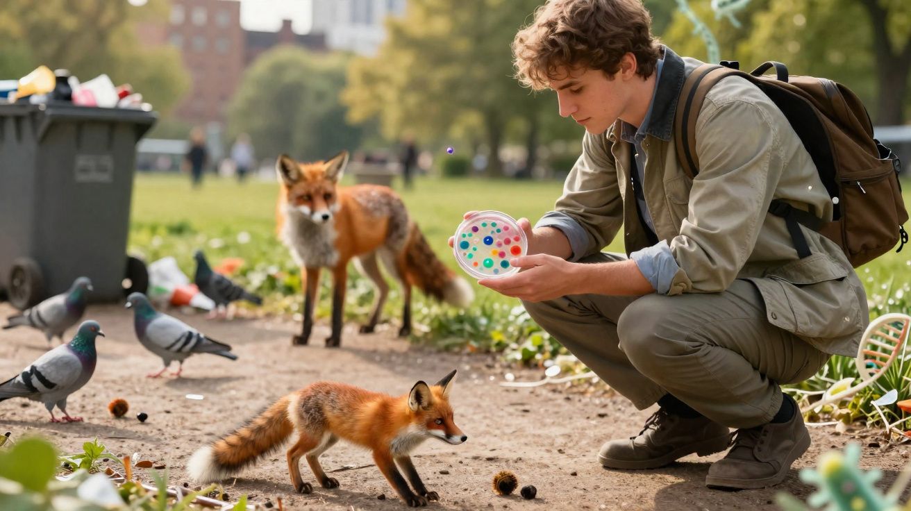 Jovem agachado observa raposa pequena num parque com outras raposas e pombos ao redor.