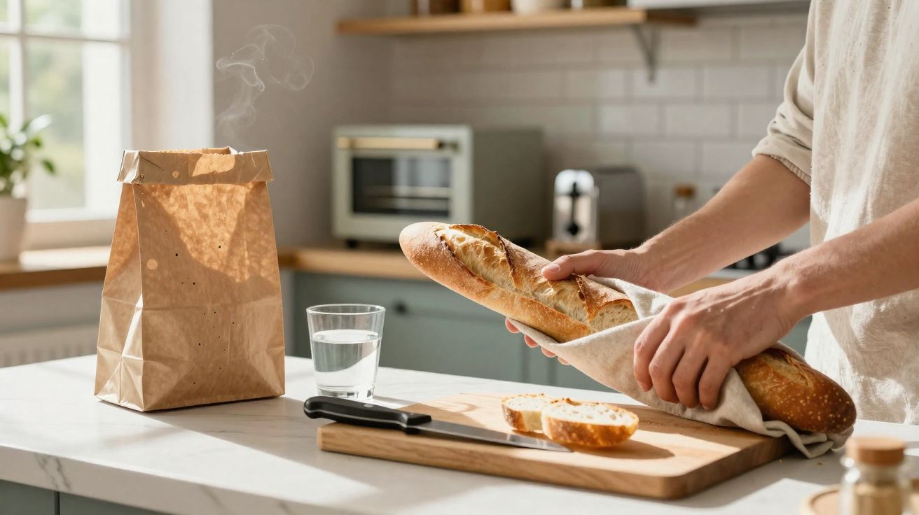 Pessoa a retirar uma baguete quente embrulhada em pano numa cozinha moderna com saco de papel e copo de água.