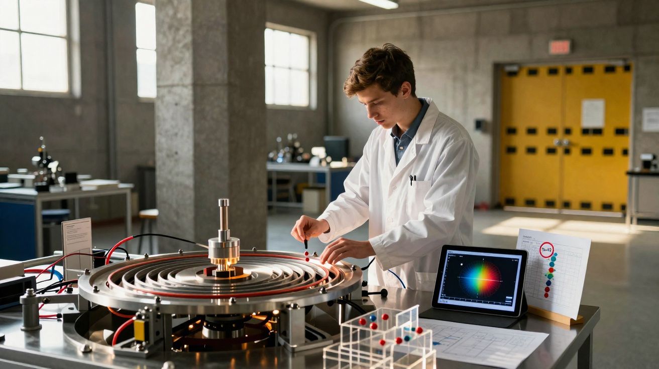 Homem com bata branca ajusta componentes em máquina circular num laboratório moderno e bem iluminado.