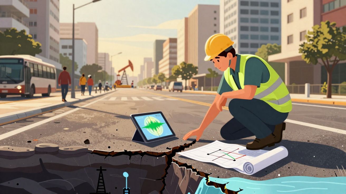 Engenheiro de construção com colete e capacete analisa rachadura numa estrada urbana, com tablet e plantas.