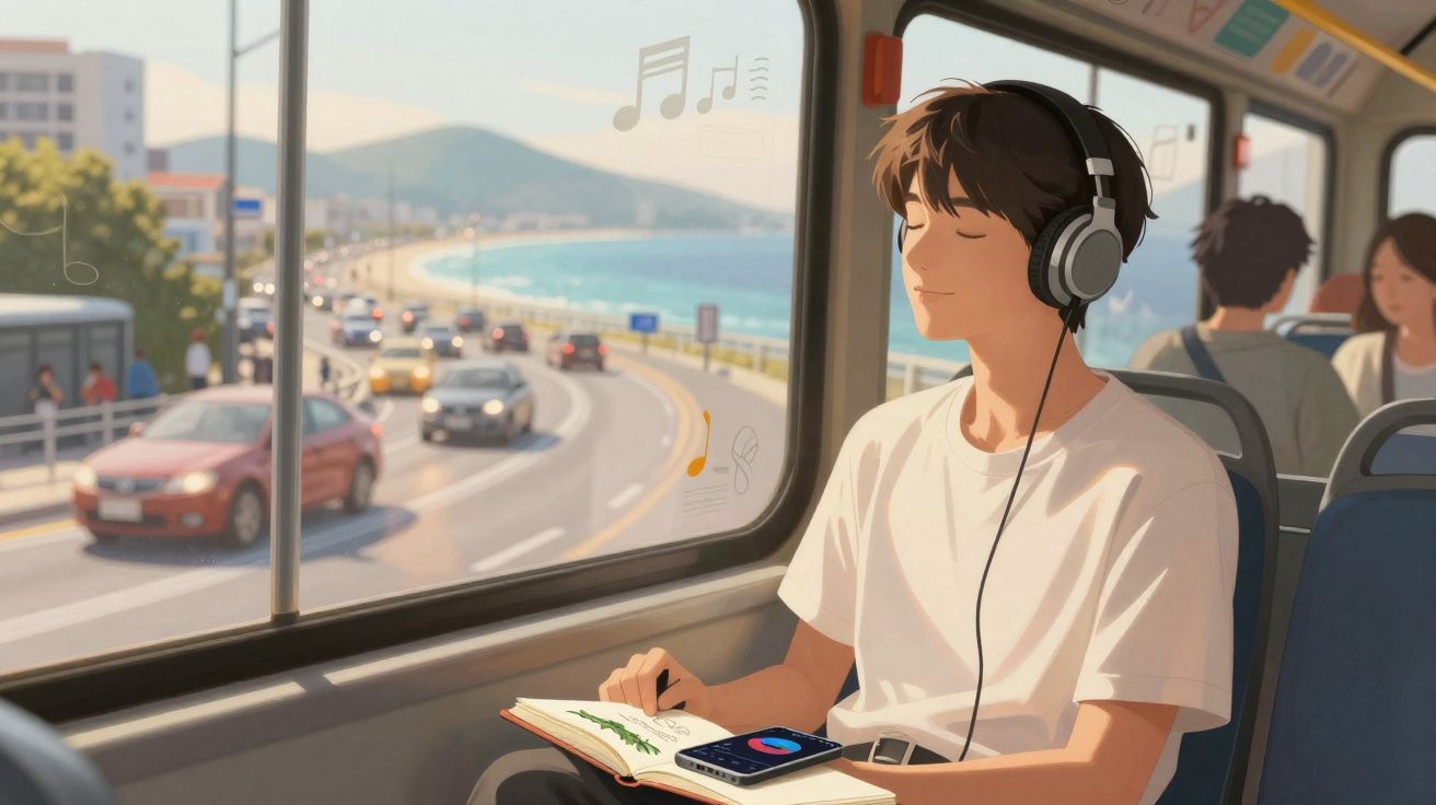 Jovem relaxado de olhos fechados com auscultadores no autocarro, a ouvir música e lendo um livro.