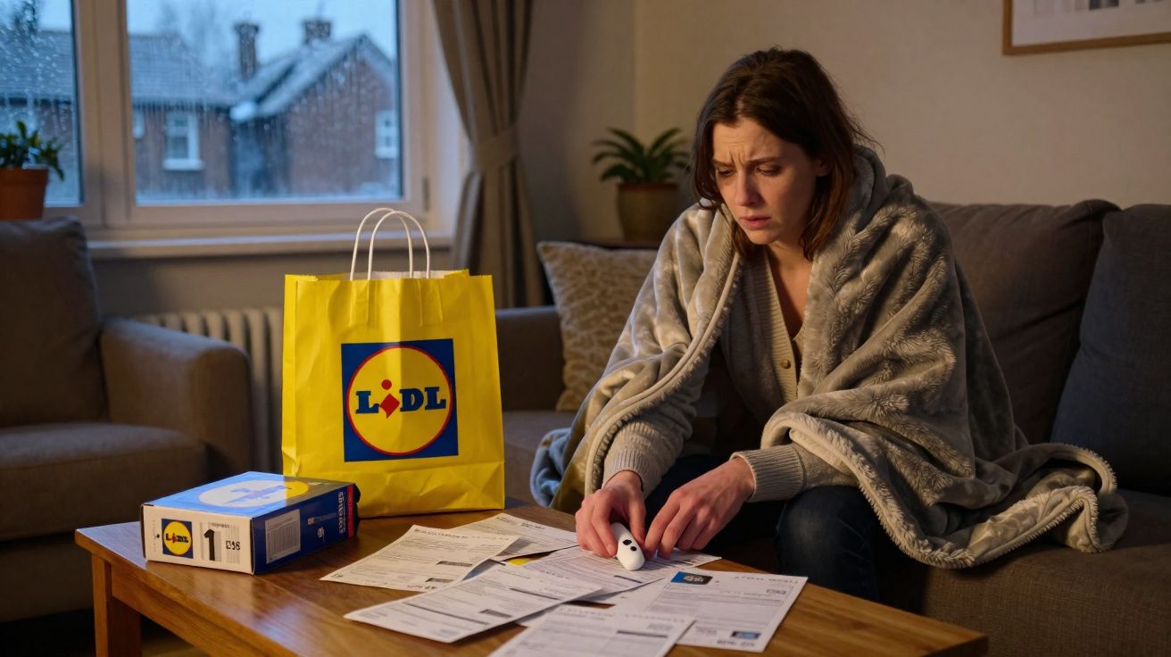 Mulher preocupada com manta, analisando contas no sofá, sacos e caixa do Lidl na mesa de centro.
