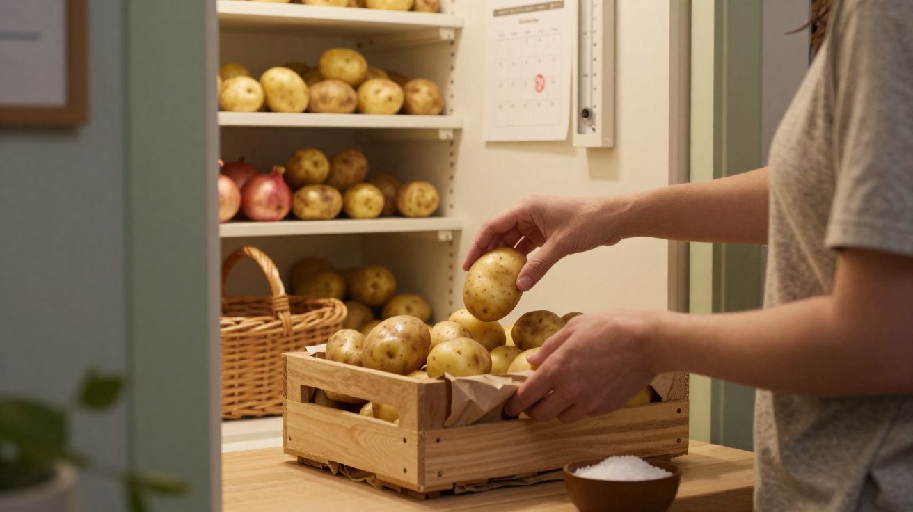 Pessoa a colocar batata numa caixa de madeira numa despensa com mais batatas e cebolas nas prateleiras.