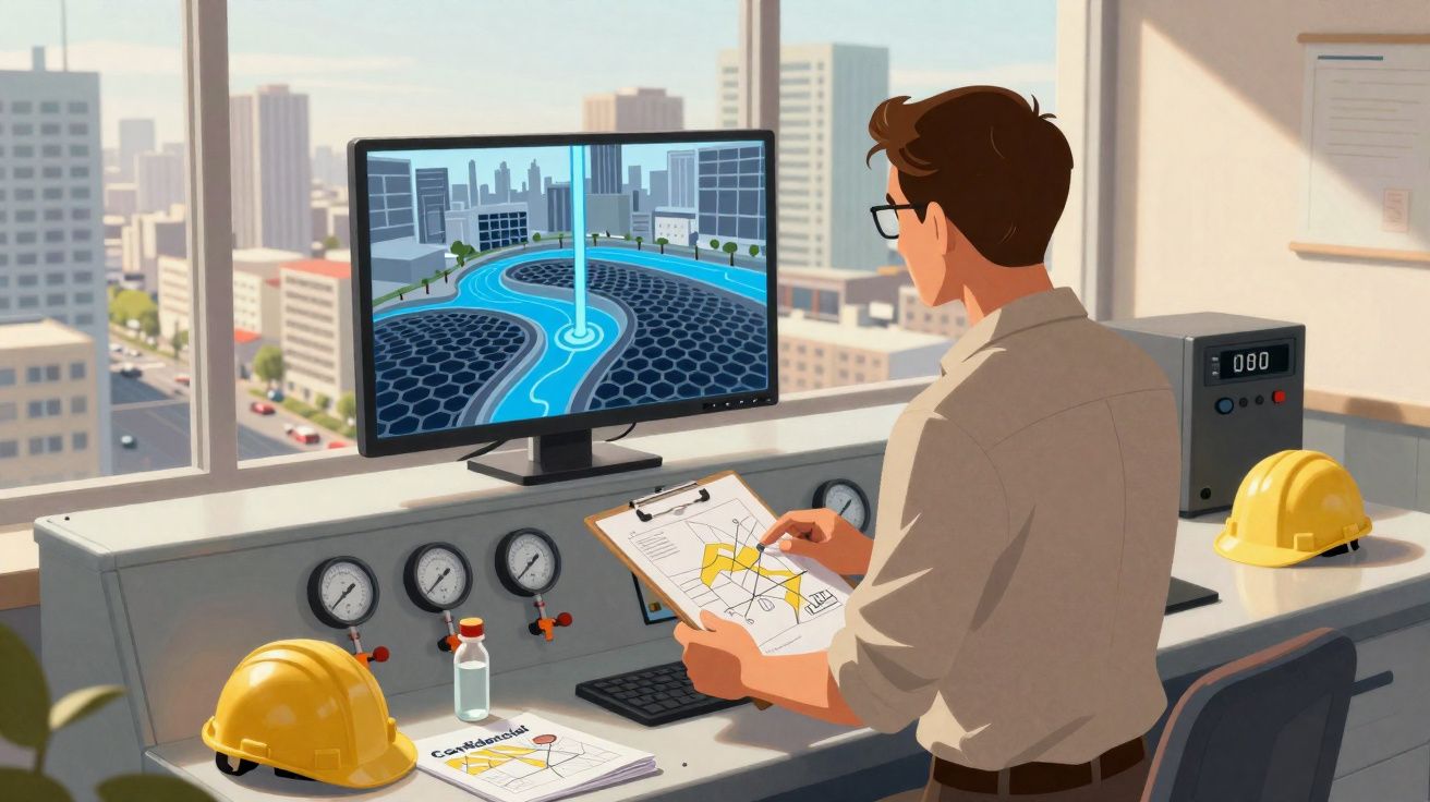 Homem a analisar projeto urbano num desenho técnico numa secretária com monitor e capacetes de segurança.