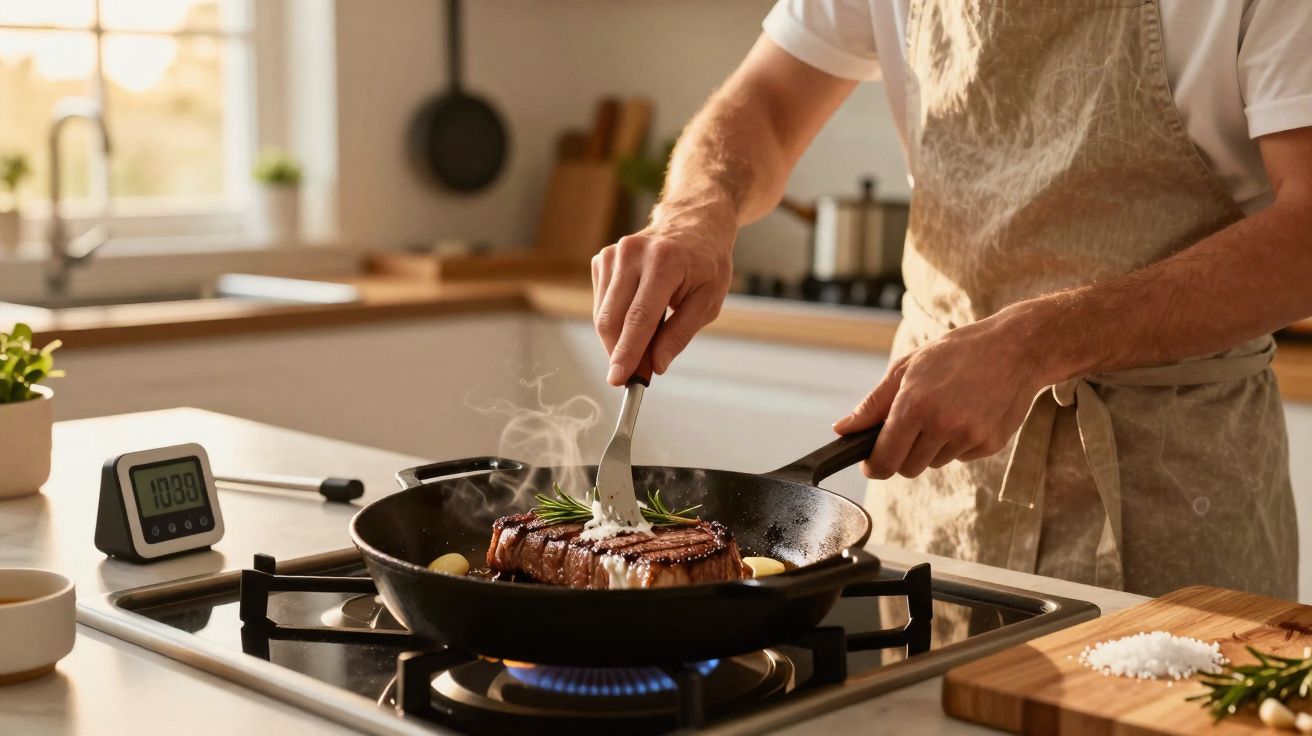 Pessoa a cozinhar um bife numa frigideira com ervas aromáticas numa cozinha moderna.
