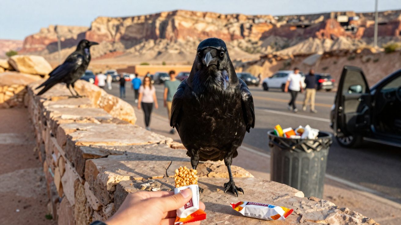 Corvo preto pousado numa parede de pedra perto de estradas e pessoas, enquanto uma mão lhe oferece comida.