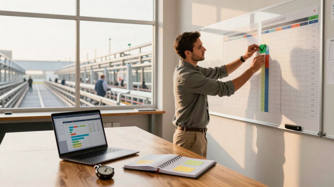 Homem a marcar um quadro branco com gráficos coloridos numa sala com vista para um cais.