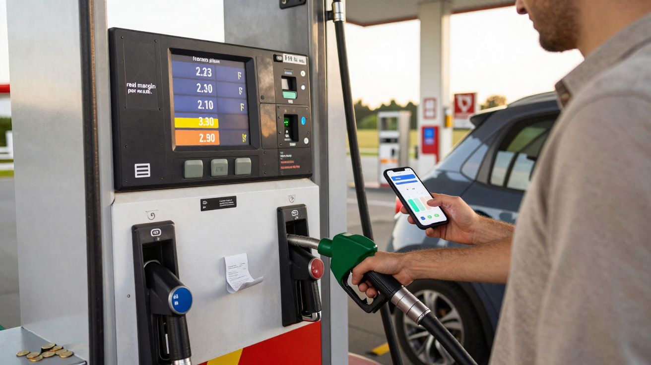 Homem a abastecer carro com gasolina numa bomba de combustível enquanto vê telefone móvel.