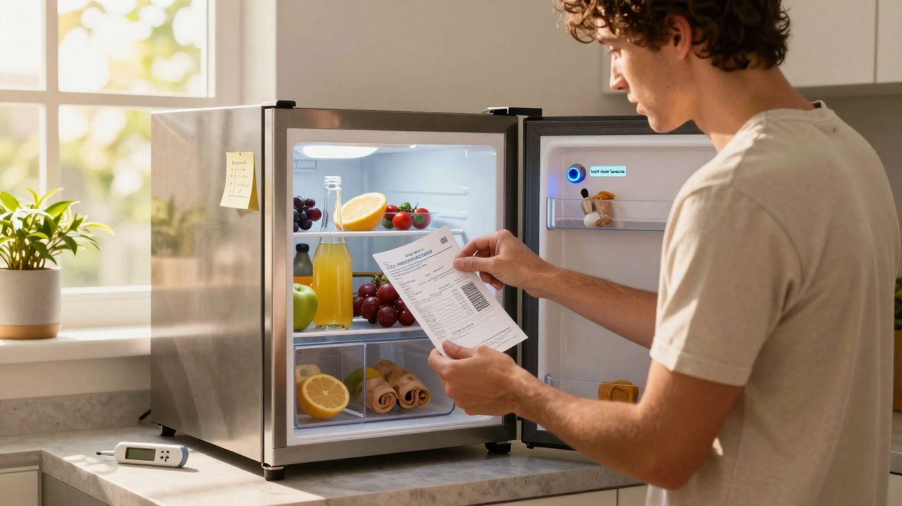 Homem lê etiqueta de alimentação enquanto coloca comida numa pequena mini-frigorífico na cozinha.