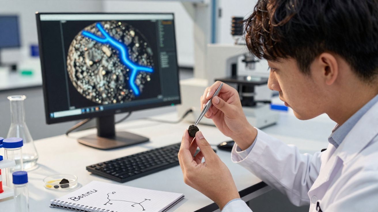 Cientista examina amostra de rocha com pinça no laboratório, com análise digital no ecrã do computador.