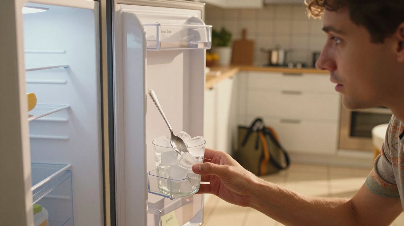 Homem a retirar copo com gelo da porta de um frigorífico aberto numa cozinha.