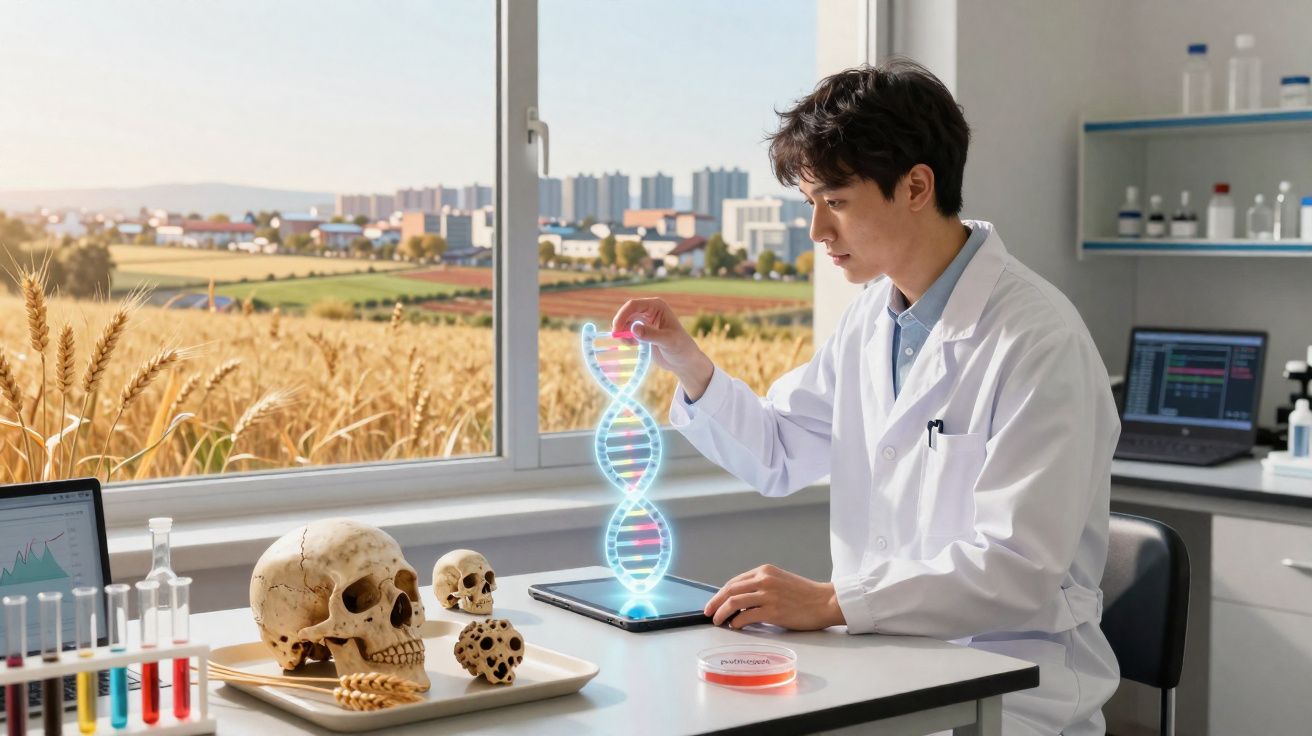 Cientista em laboratório analisa imagem digital de ADN junto a crânios e tubos de ensaio numa janela com vista para campo.