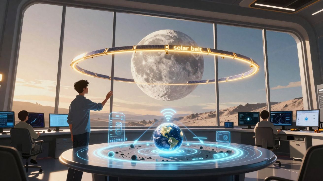 Sala futurista com três pessoas a analisar holograma do sistema solar e a Lua ao fundo vista por janelas grandes.