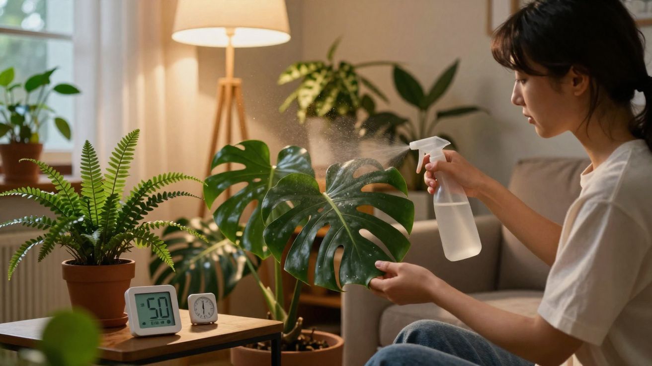 Mulher a pulverizar água numa planta Monstera num ambiente interior iluminado e confortável.
