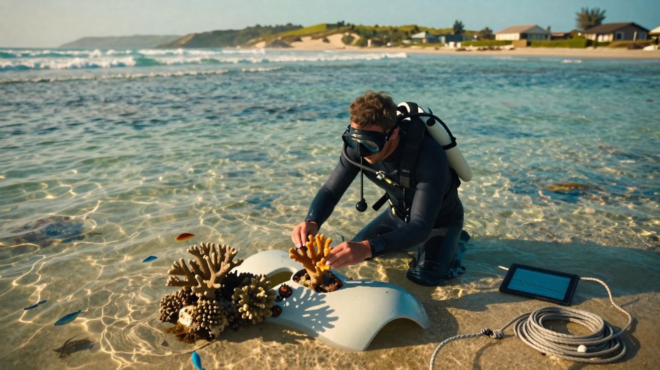 Mergulhador a restaurar corais tropicais em águas rasas perto da costa com equipamentos de mergulho e monitorização.