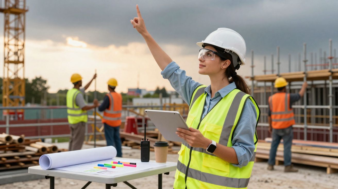 Engenheira de obra com capacete e colete refletor aponta para cima numa construção ao ar livre.