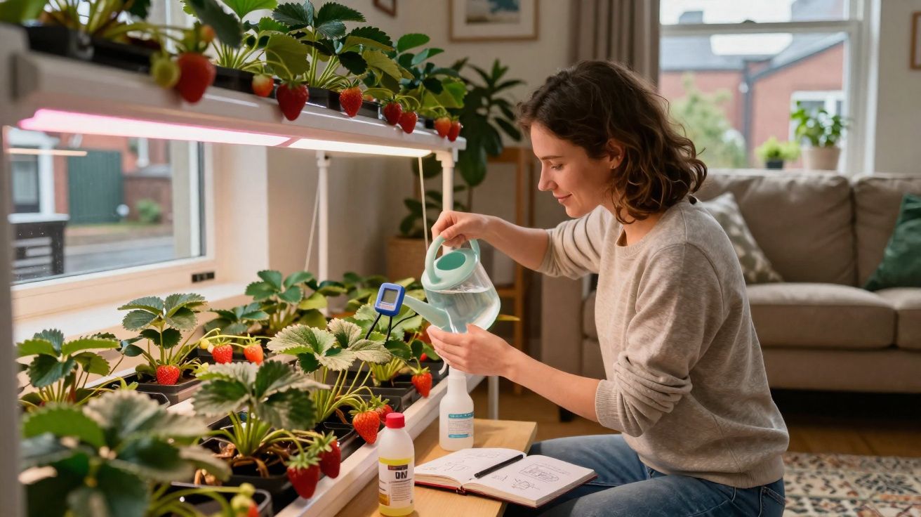 Mulher rega morangueiros cultivados em estufa interior com rega manual junto à janela de sala.