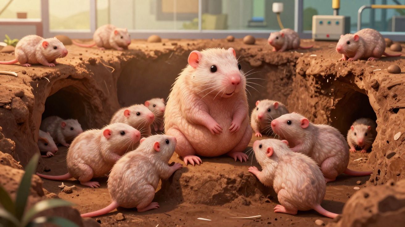 Grupo de ratos brancos na terra à volta de um rato maior no centro, com tocas ao fundo num laboratório.