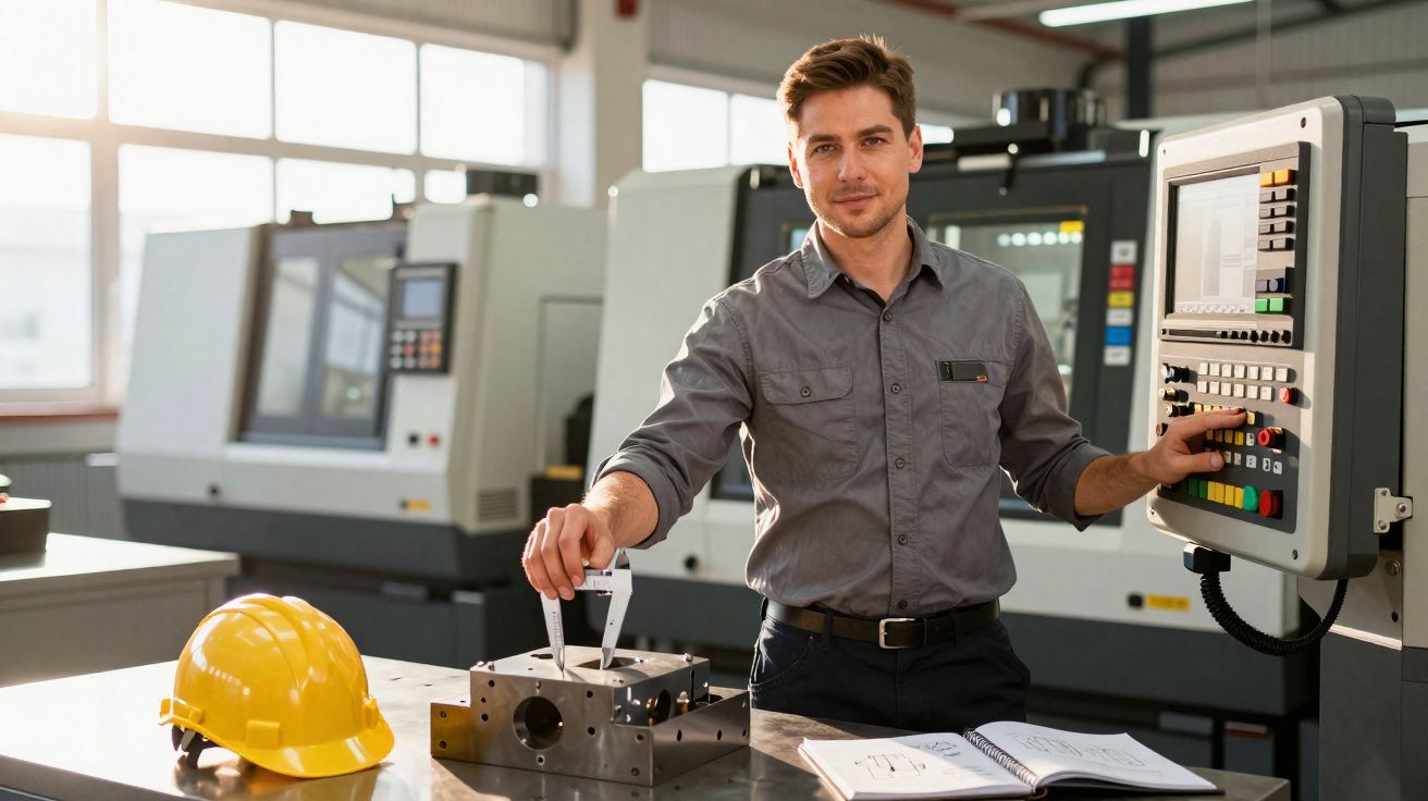 Engenheiro em oficina industrial a medir peça metálica com paquímetro, junto a capacete amarelo e máquina CNC.