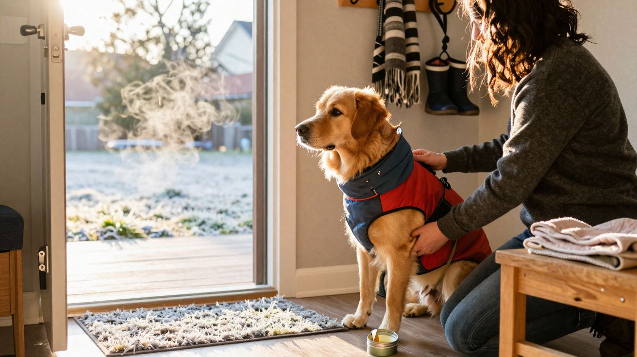 Mulher veste casaco a cão golden retriever junto à porta aberta numa manhã fria com relva gelada.