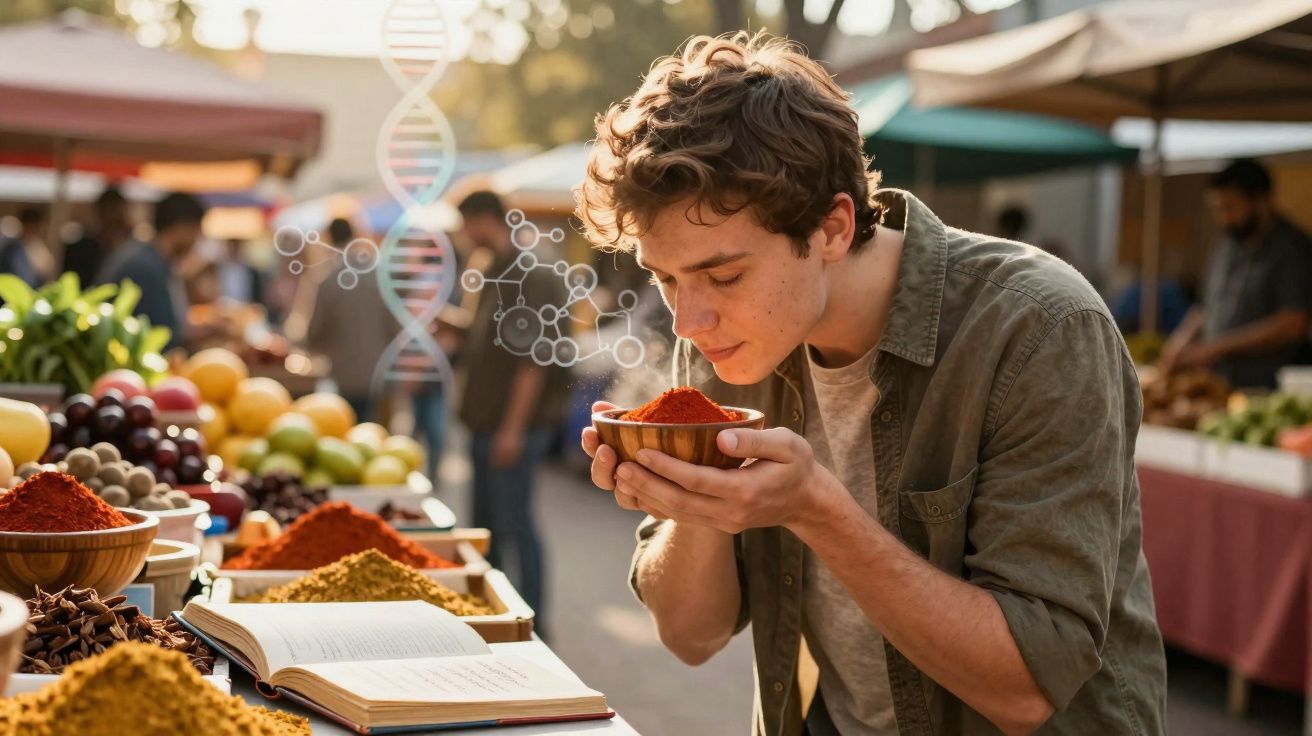 Jovem cheira especiaria vermelha num mercado ao ar livre com frutas, livros e gráficos científicos ao fundo.